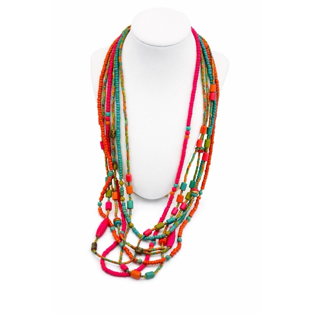 Boho Festival Layered Beaded‎ Necklace Coachella Statement Neon Pink Turquoise